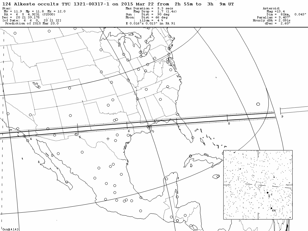 Predicted shadow path for (124) Alkest on 2015 March 22 UT