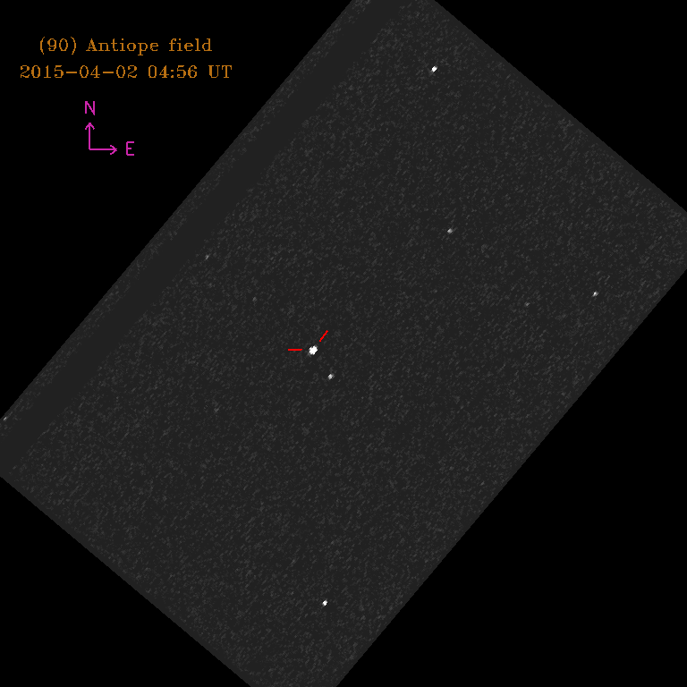 This is an image of the field where (90) Anitope will be on 2015 April 2 UT.  It has been rotated to put north up.  The field parity is still flipped, due to use of the diagonal.  The image has also been stretched to make the sky more apparent and bring out the faintest stars.