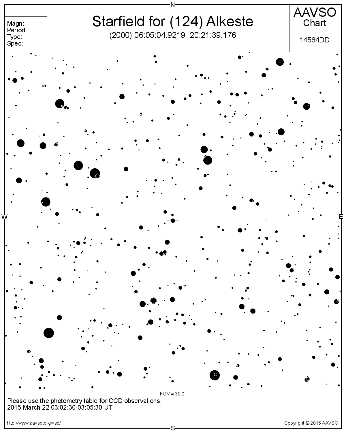 Starfield for (124) Alkeste showing field at 30 arcmins.  Creasted using AAVSO VSP.