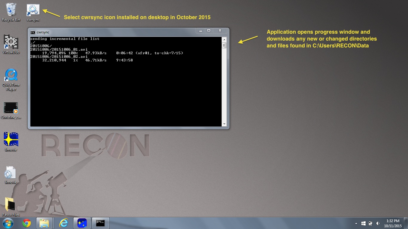 Screen shot of cwrsync data transfer tool at work